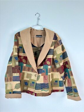 Cactus Flower Tan Multi Leaf Pattern Tapestry Jacquard Jacket Blazer Patchwork L
